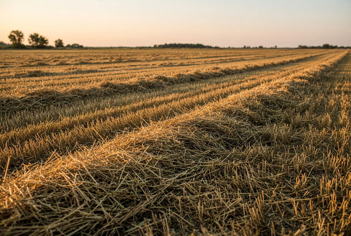 Hay cut and lying in windrows at dusk